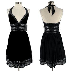 NWT Adrianna Papell Black Silk Beaded Halter Cocktail Party Dress Women's 10